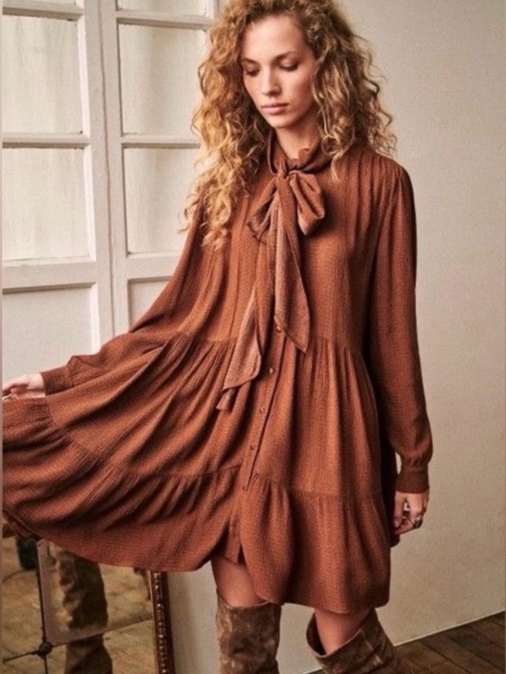 Sezane Tie-Neck Tiered Dress